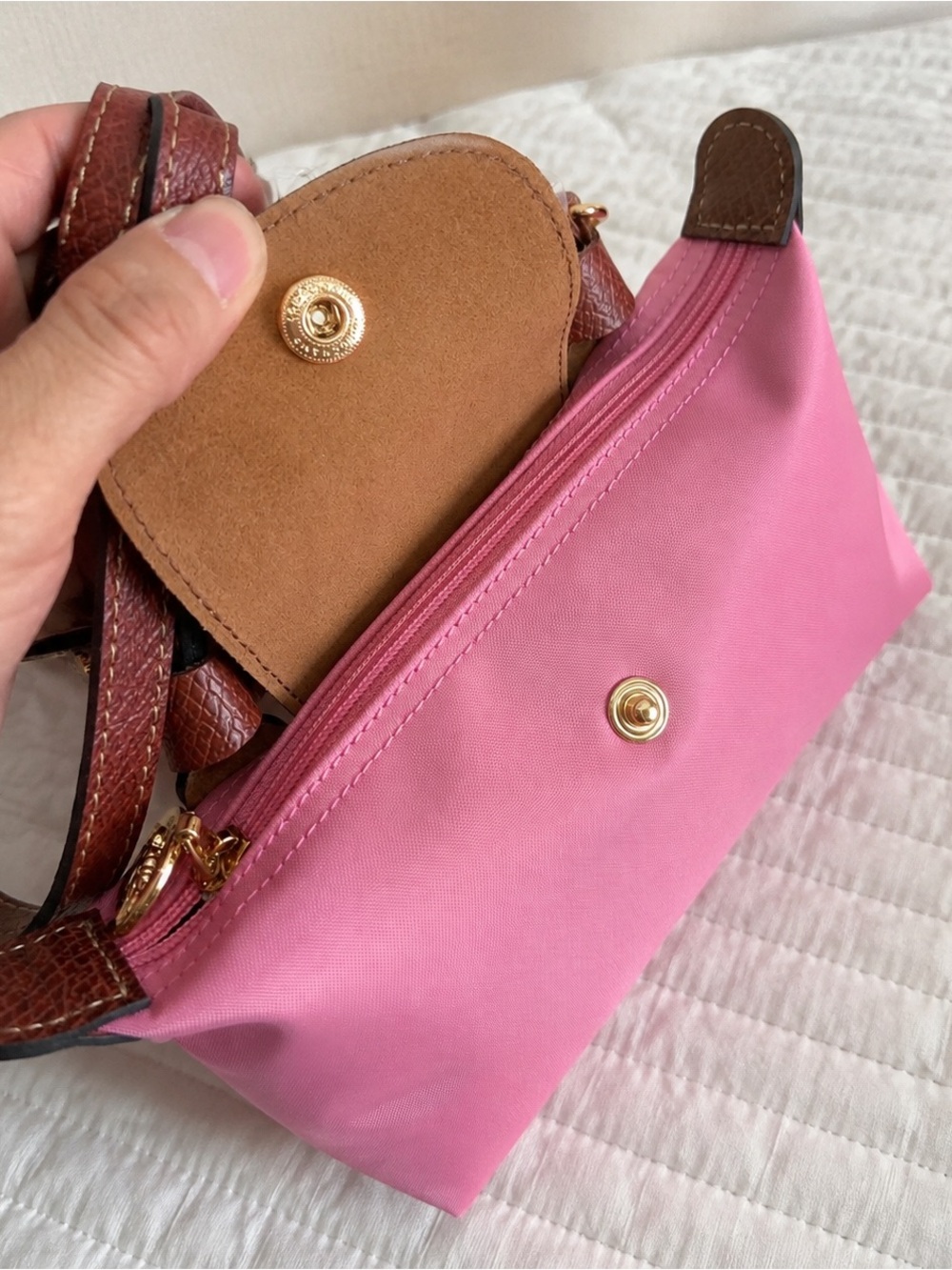 Longchamp Pink Nylon Mini Handbag with Brown Leather Flap - Picture 2 of 4